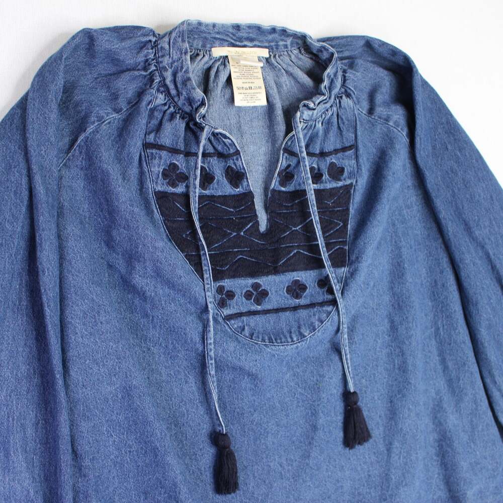 VTG Y2K Anthropologie Denim Long Sleeve Boho Size Small Top Cottagecore Tassles